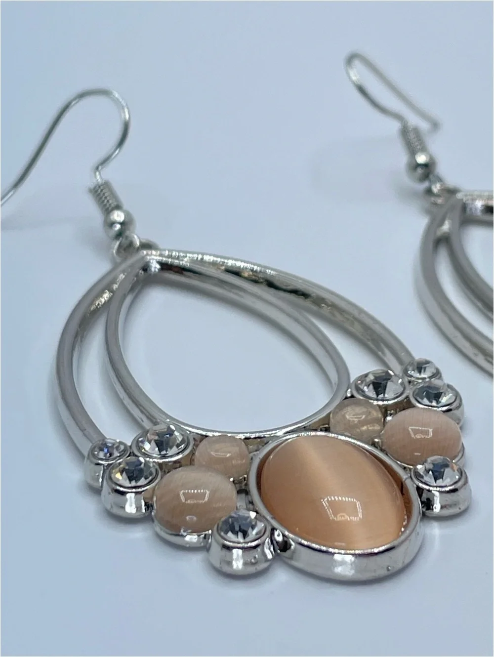 Silver Tone Cat Eye Crystal Teardrop Dangle Earrings Statement